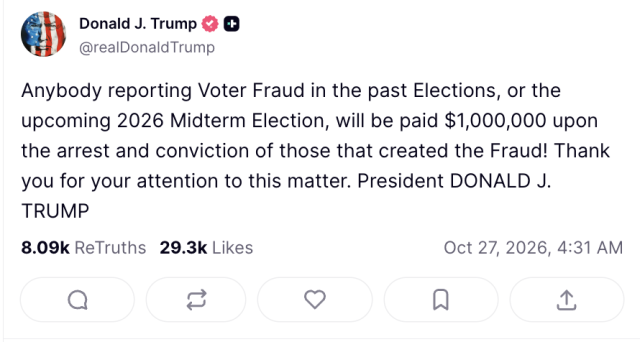 유권자 사기 voter fraud 신고자에세 100만 달러 지급할 것이라는 트럼프 대통령 트루스 소셜 게시글 출처트럼프 트루스소셜 캡처