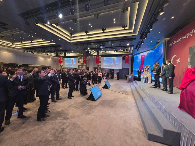 Turkish Ambassador Fatih Yıldız announces the winner of a lottery for two round-trip Seoul-Istanbul tickets offered by Turkish Airlines at a reception marking the 103rd anniversary of the proclamation of the Republic of Türkiye at the Ambassador Pullman Hotel in Seoul Oct 26 2026 AJP Park Sae-jin
