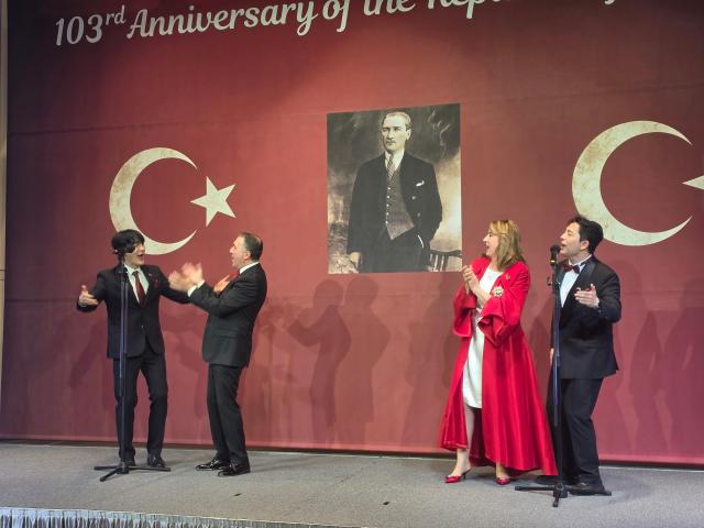 Turkish Ambassador Fatih Yıldız and his wife Nesrin Yıldız sing Barış Manço’s “Arkadaşım Eşek” on stage with South Korean vocal duo HoonDoo at a reception marking the 103rd anniversary of the proclamation of the Republic of Türkiye at the Ambassador Pullman Hotel in Seoul Oct 26 2026 AJP Park Sae-jin