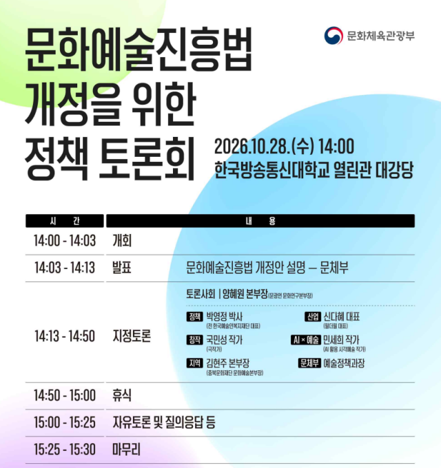 A promotional poster announces a policy forum on revising South Koreas Culture and Arts Promotion Act scheduled for Oct 28 at Korea National Open University in Seoul Courtesy of Ministry of Culture Sports and Tourism