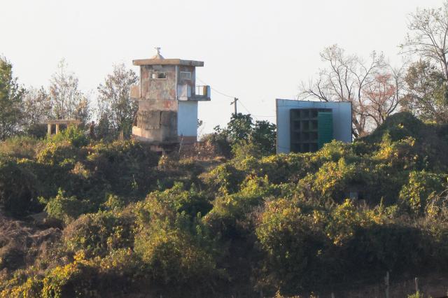 A North Korean loudspeaker installed along the Imjin River is seen from a border area in Paju Gyeonggi Province on Oct 27 2026 Aju Business Daily Yoo Dae-gil