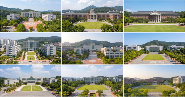 AI로 제작한 9개 거점국립대 전경 사진 첫 번째 줄 왼쪽 위부터 오른쪽 방향으로 강원대학교 경북대학교 경상국립대학교 부산대학교 전남대학교 전북대학교 제주대학교 충남대학교 충북대학교 사진AI로 제작