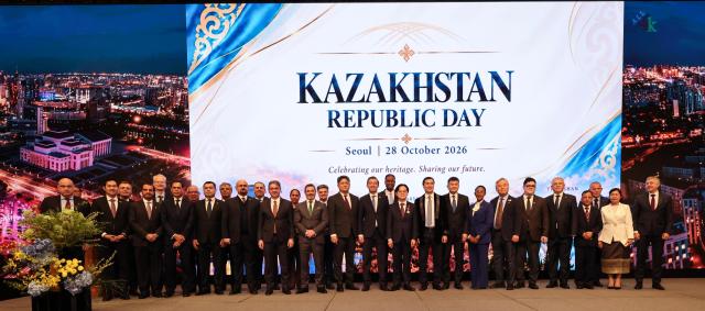 Ambassadors and guests pose for a group photo at a Kazakhstan Republic Day reception at Lotte Hotel Seoul on Oct 28 2026 AJP Yoo Na-hyun