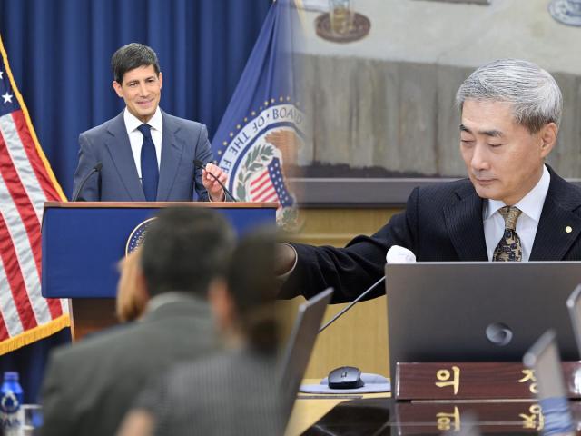 Composite image shows US Federal Reserve Chair Kevin Warsh speaking at a press conference following a Federal Open Market Committee meeting in Washington on Oct 28 2026 left and Bank of Korea Gov Shin Hyun-song attending a Monetary Policy Board meeting in Seoul on Oct 22 2026 Federal Reserve  Courtesy of Bank of Korea