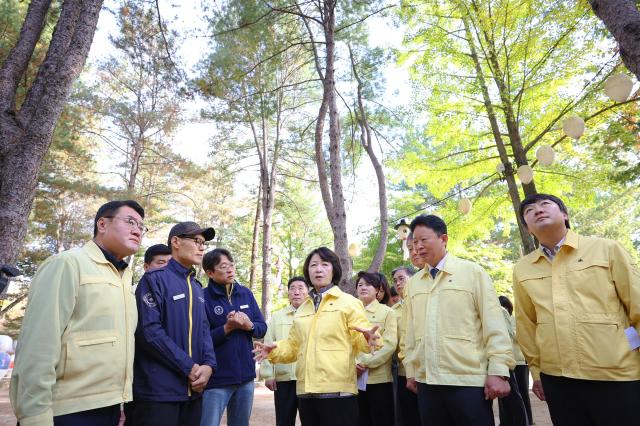 지난 9일 오전 남이섬을 방문한 추미애 경기도지사가 소나무재선충병 방제관련 방제 현장 확인을 하고있다 사진경기도